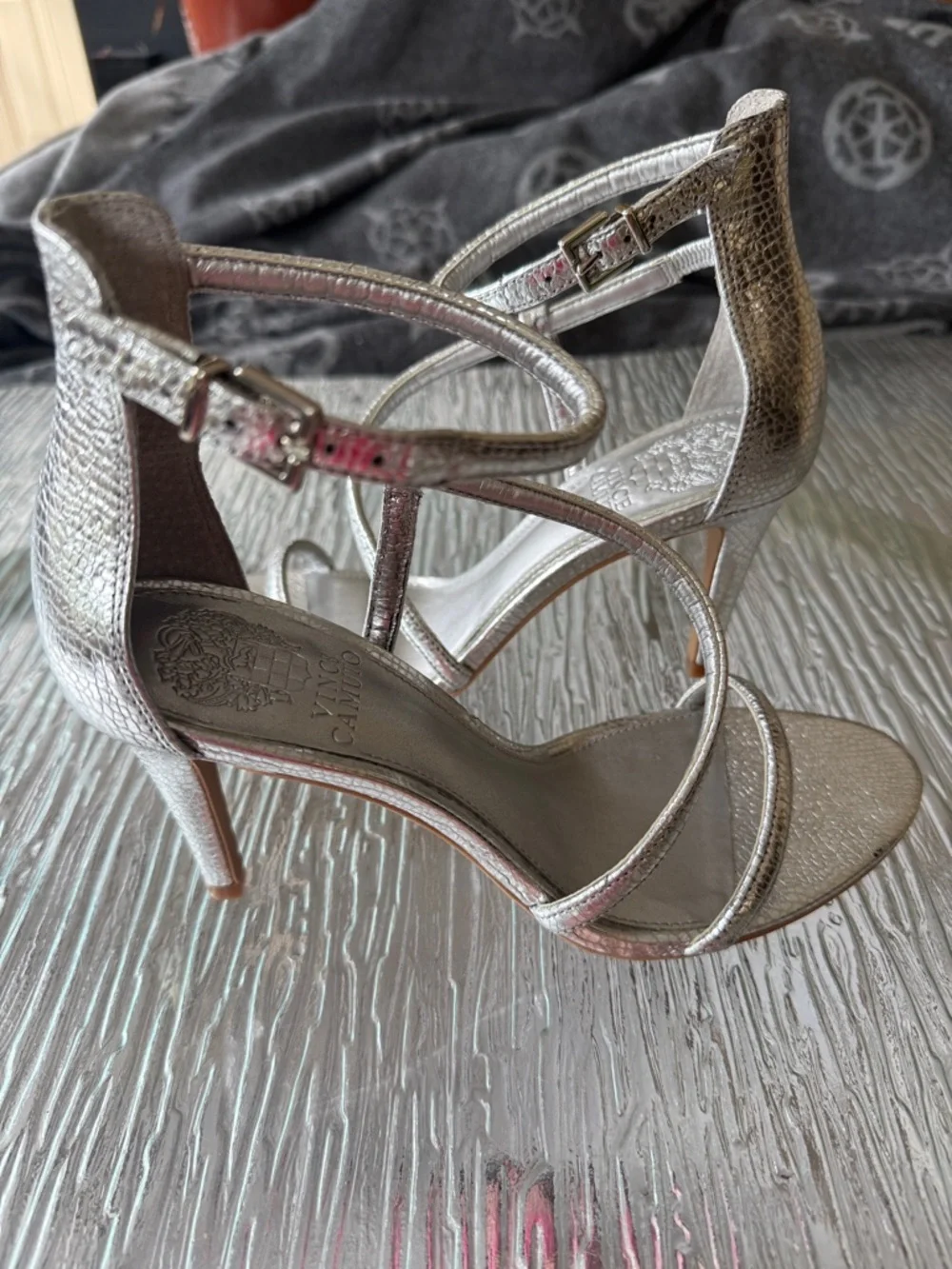 Vince Camuto Metallic Silver Strappy Ankle-Heel Sandals - Picture 5 of 5